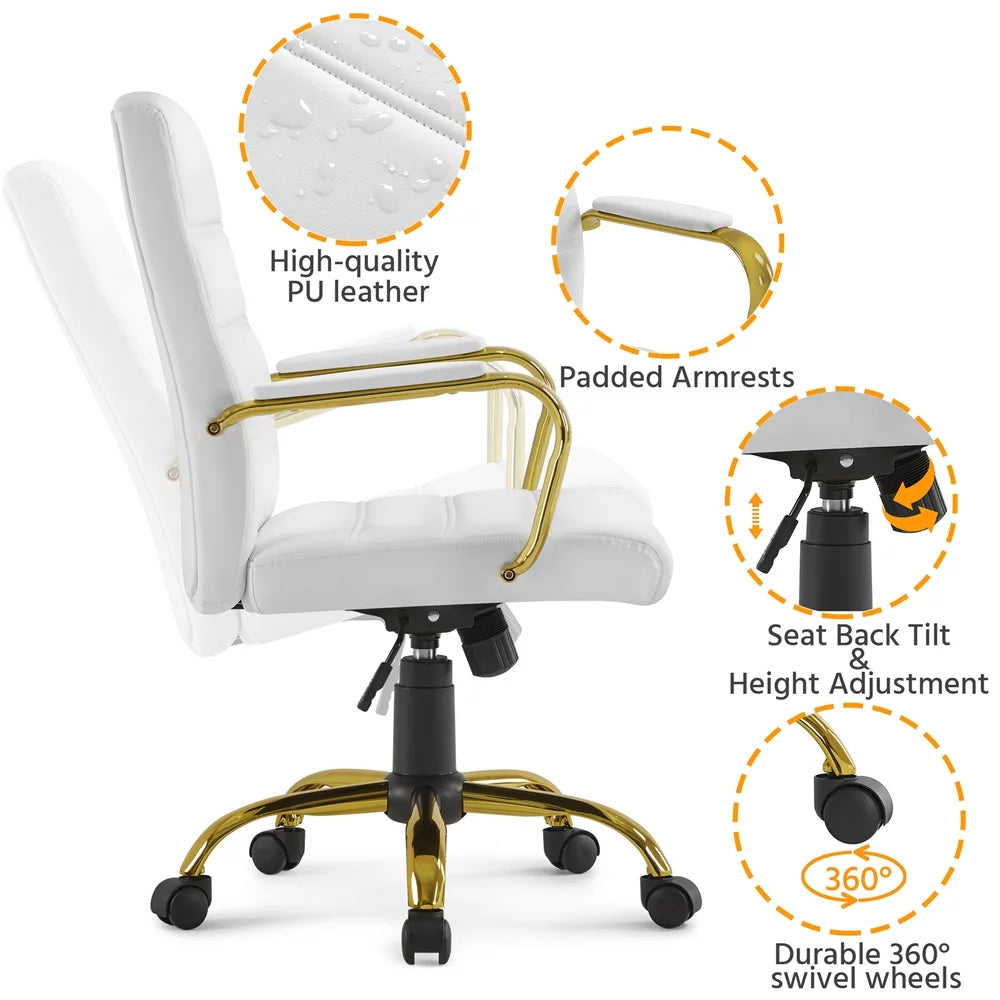 White Mid-Back Swivel PU Leather Office Chair with Gold Frame I286