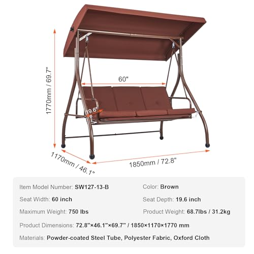 3-Seat Converting Canopy Patio Swing Chair with Cushion D558374