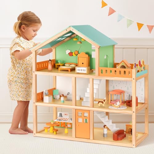 Large Wooden 3-Story Dollhouse with 42 Pcs Furniture J833731