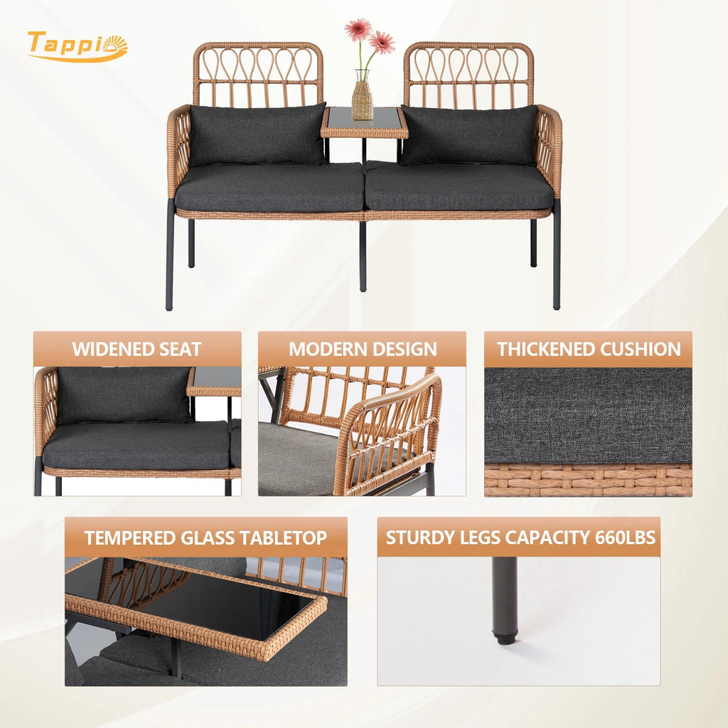 Gray Outdoor Rattan Loveseat with Built-in Coffee Table E46961
