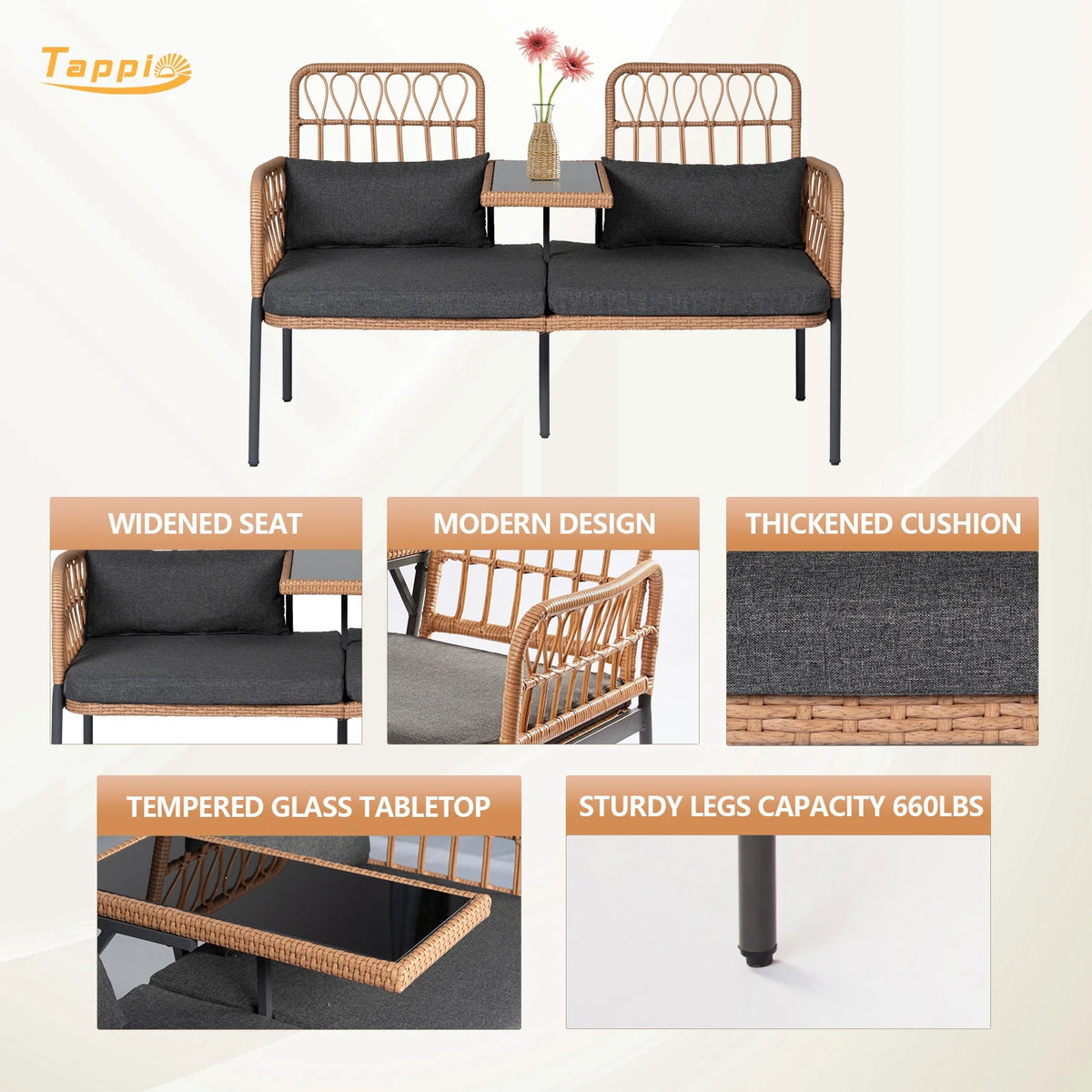 Gray Outdoor Rattan Loveseat with Built-in Coffee Table E46961