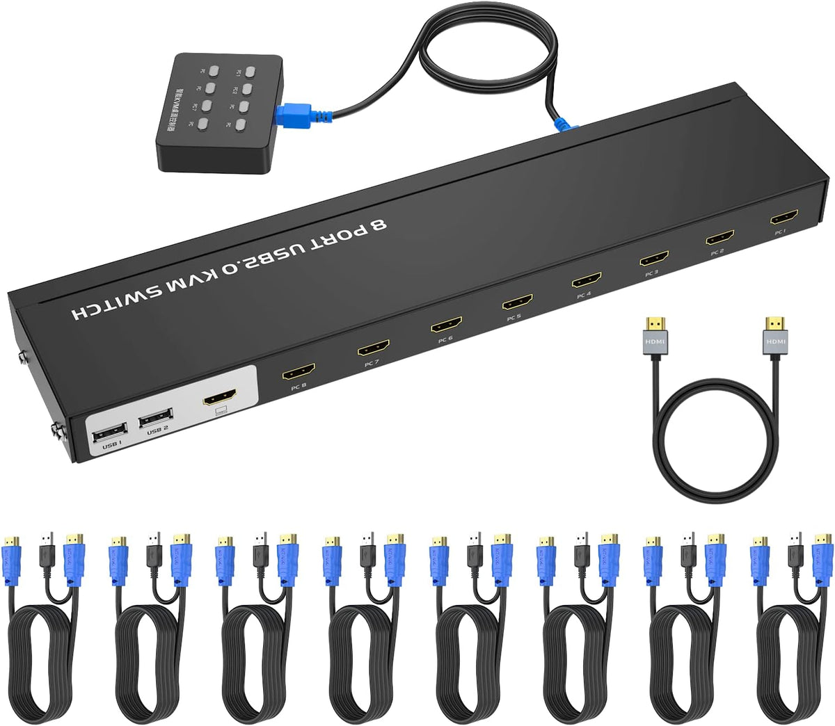 KVM Switch HDMI 8 Port 4K@30Hz 8 in 1 Out with 9pack Cables 4 USB 2.0 Hubs Desktop Selector IR Remote Rack Mount Ears N186886