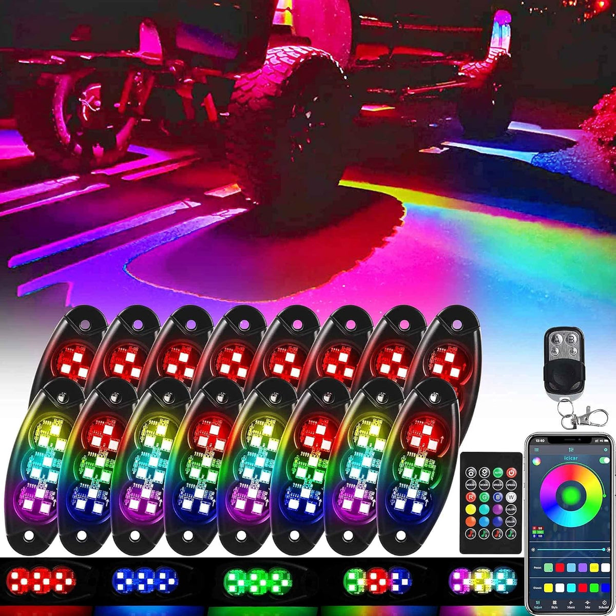 16 Pods RGB LED Rock Lights for Trucks P60610