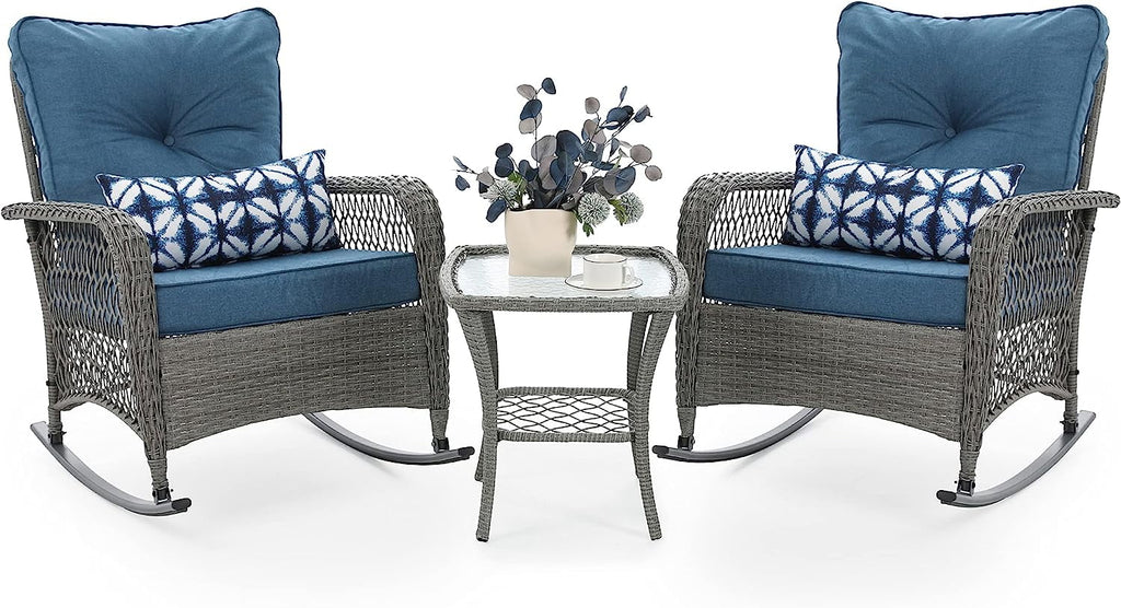 3-Piece Wicker Outdoor Rocking Chairs with Cushions and Table S106