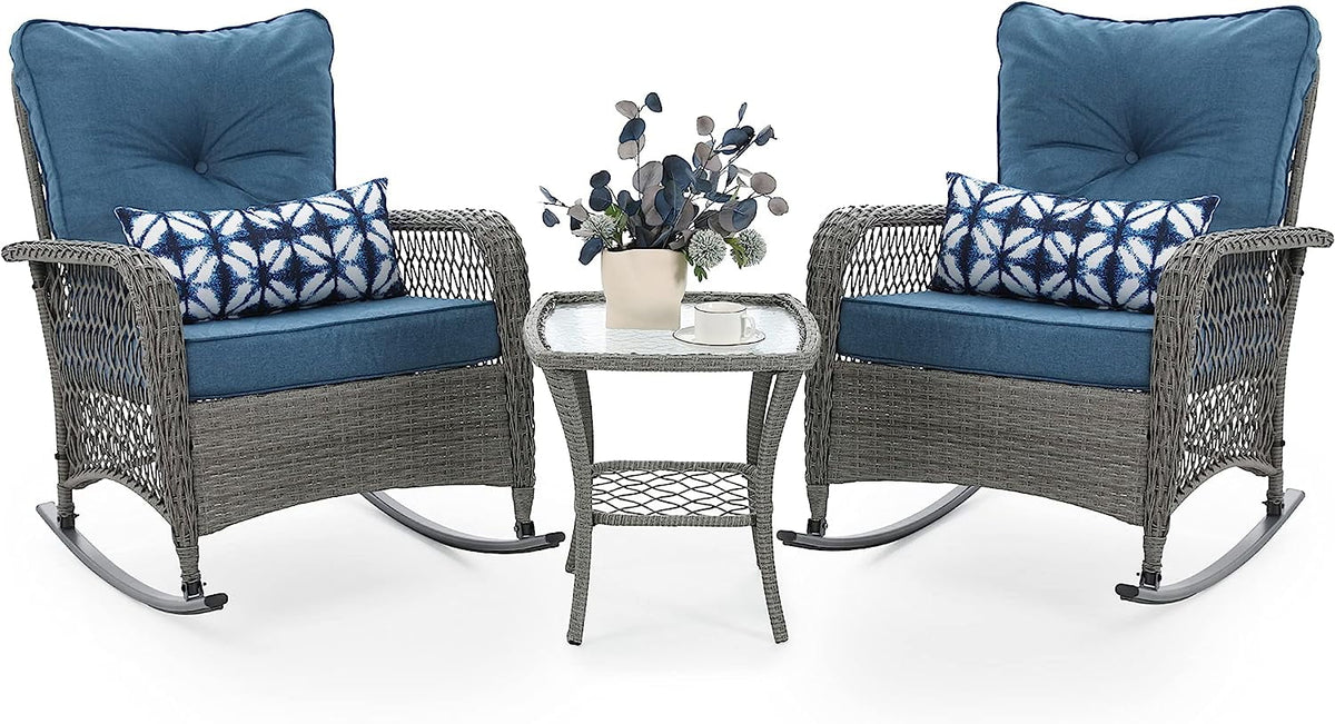 3-Piece Wicker Outdoor Rocking Chairs with Cushions and Table S106