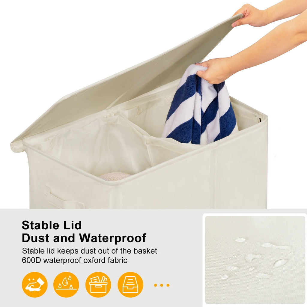 Beige Double Laundry Hamper with Lid and 2 Removable Liner Bags V4989