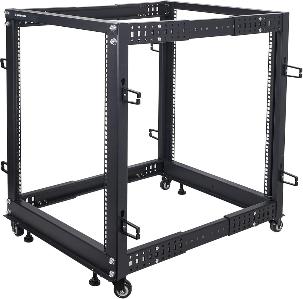 12U Open Frame Server and Network Equipment Rack with Adjustable Depth, Casters, Levelers, Cable Management O246