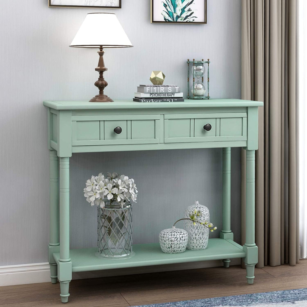 Retro Blue 4-Leg Wood Console Table with Two Drawers and Bottom Shelf I847
