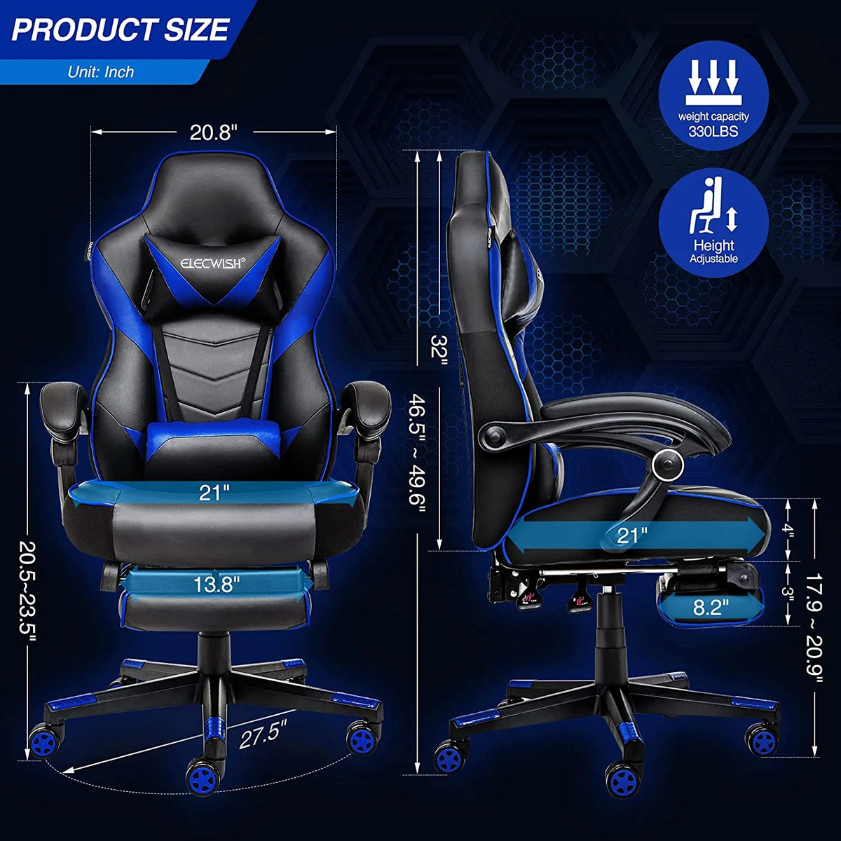 Blue PU Leather Reclining Gaming Chair with Footrest and Massage Lumbar Pillow Y138886