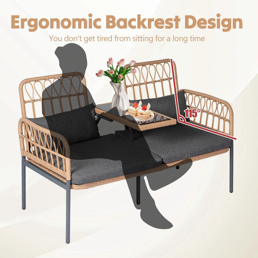Gray Outdoor Rattan Loveseat with Built-in Coffee Table E46961