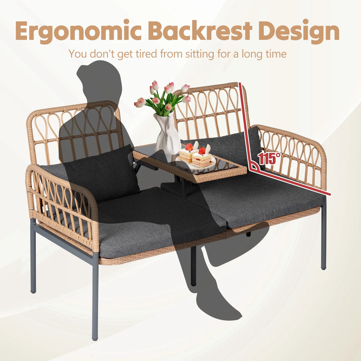 Gray Outdoor Rattan Loveseat with Built-in Coffee Table E46961
