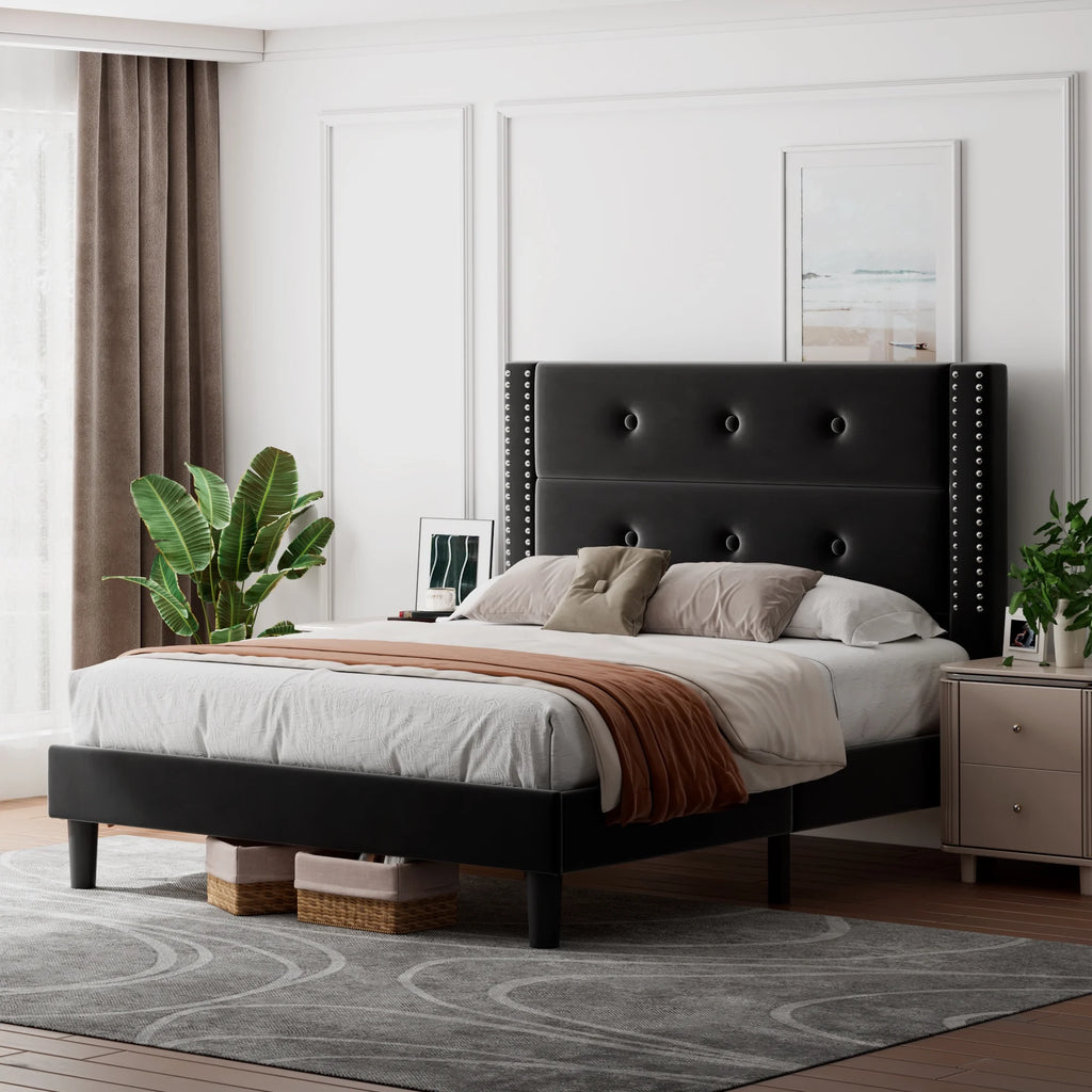 Queen Black Velvet Upholstered Platform Bed Frame with Tufting Headboard D387885