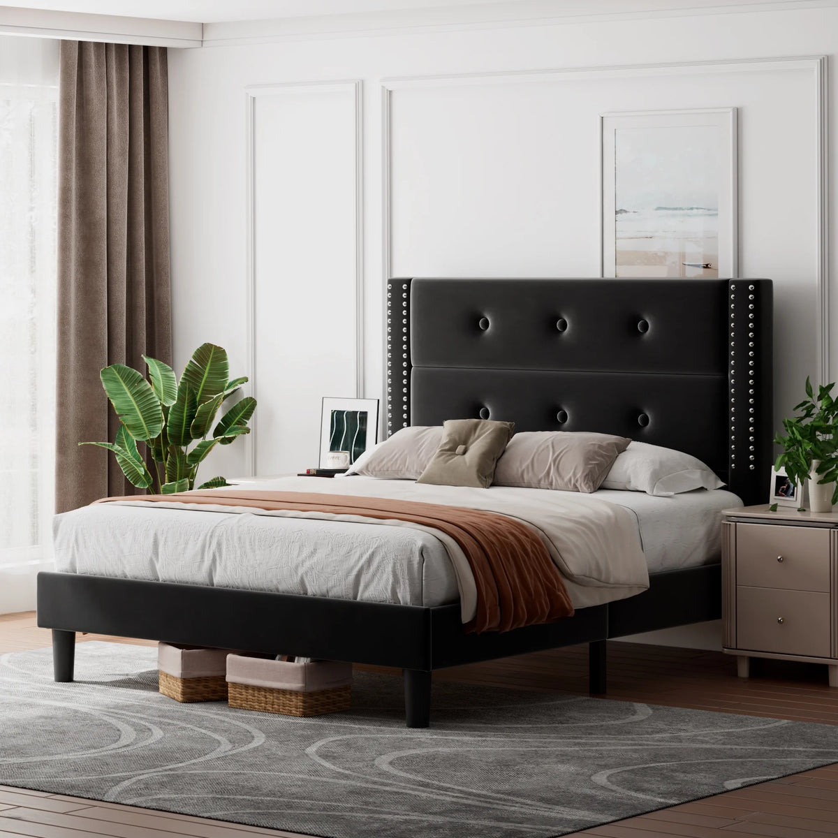 Queen Black Velvet Upholstered Platform Bed Frame with Tufting Headboard D387885