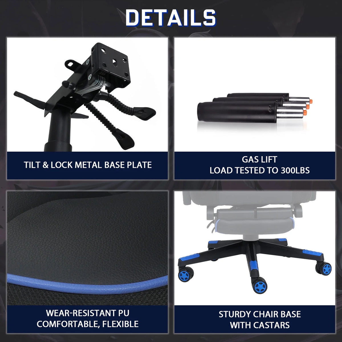 Blue PU Leather Reclining Gaming Chair with Footrest and Massage Lumbar Pillow Y138886