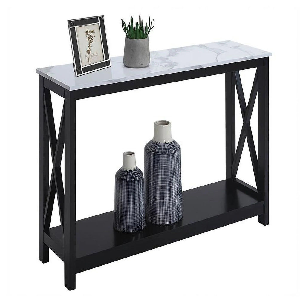 White Faux Marble and Black Wood Console Table with Shelf X409494