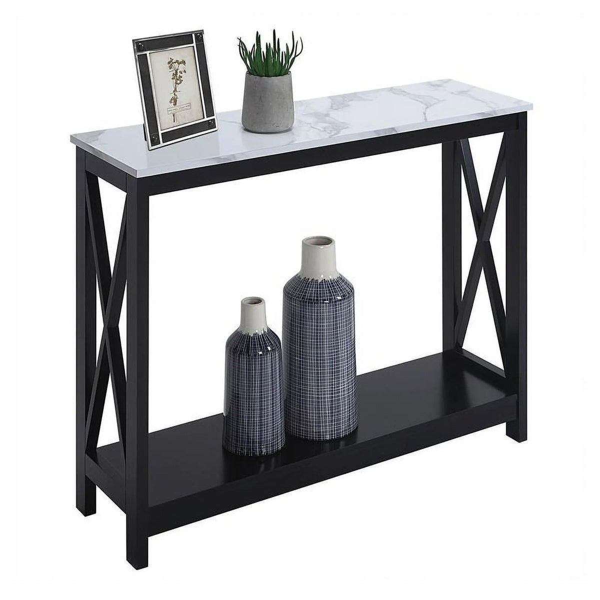 White Faux Marble and Black Wood Console Table with Shelf X409494