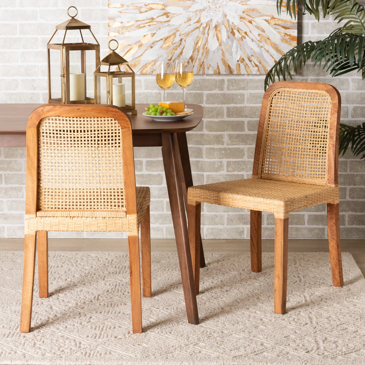 Walnut Brown Wood and Natural Rattan 2-Piece Dining Chair Set T93011