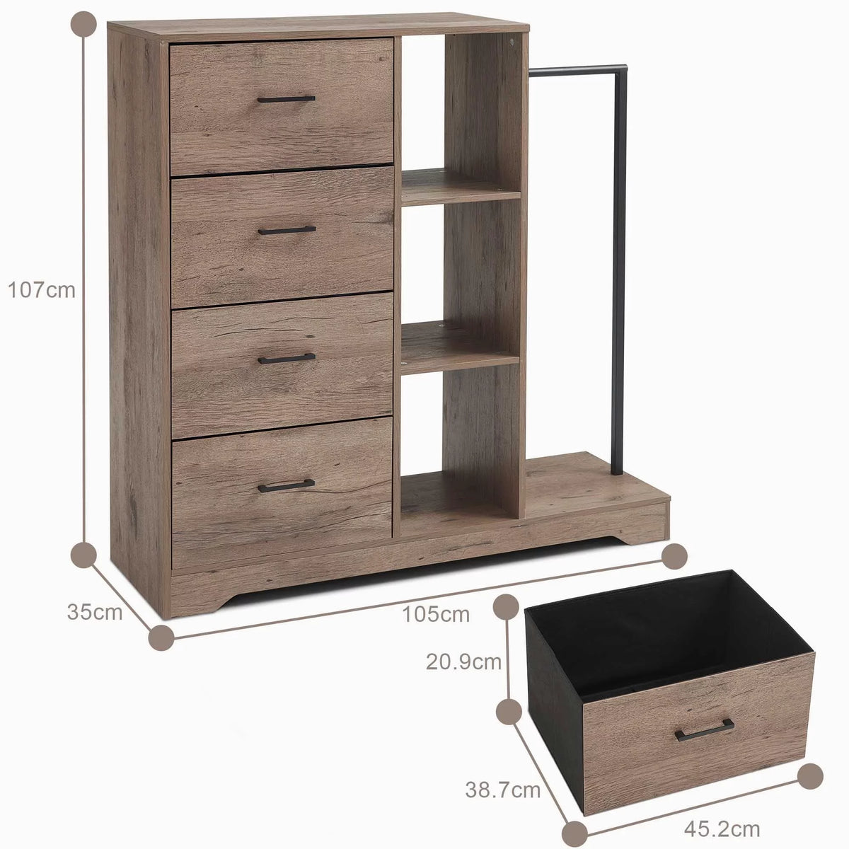 4 Drawer Dresser with Clothes Rack and Shelves E4847