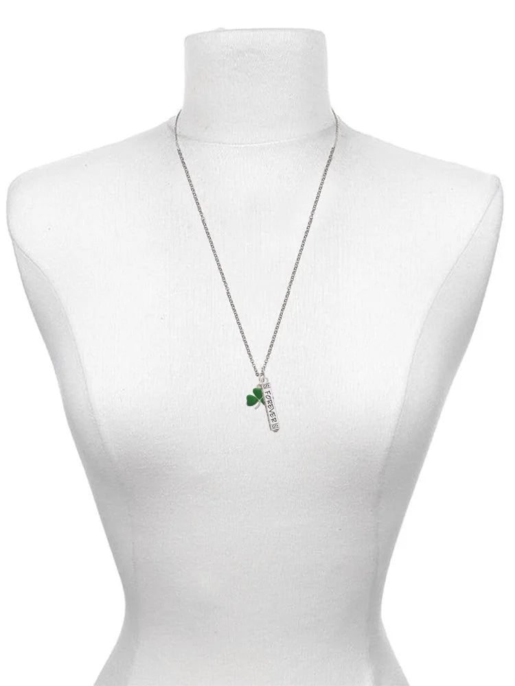 Silvertone Shamrock Bar Charm Necklace, 23" K110