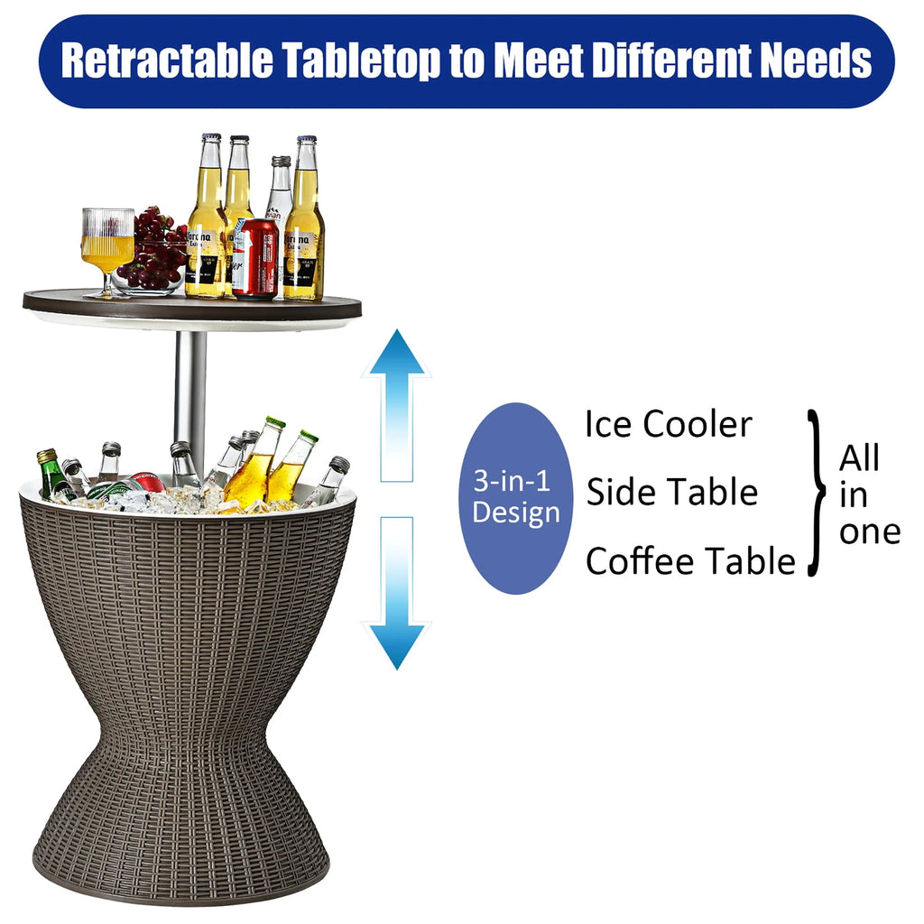 8 Gallon 3 in 1 Patio Rattan Cooler Bar Table Brown T701