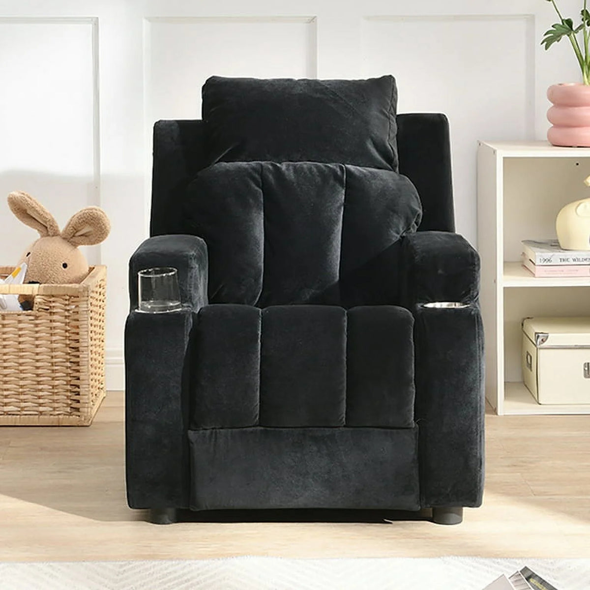 Kids Velvet Recliner Chair with Cup Holder and Footrest J3605