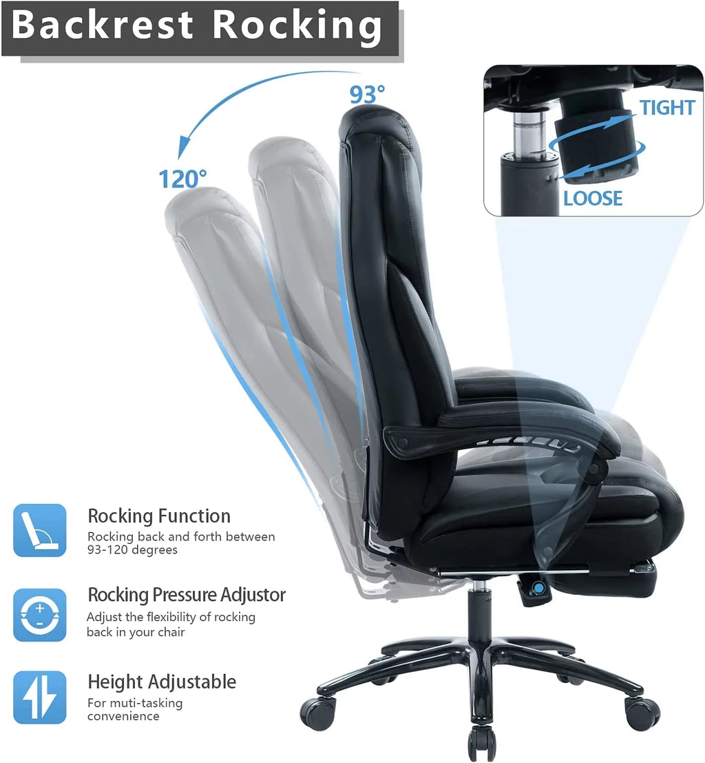 Big and Tall Leather Office Chair with Memory Foam Cushion and Footrest K178