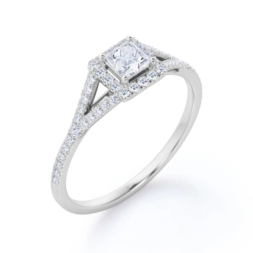 18K White Gold over Silver Princess Cut Diamond Halo Engagement Ring U808