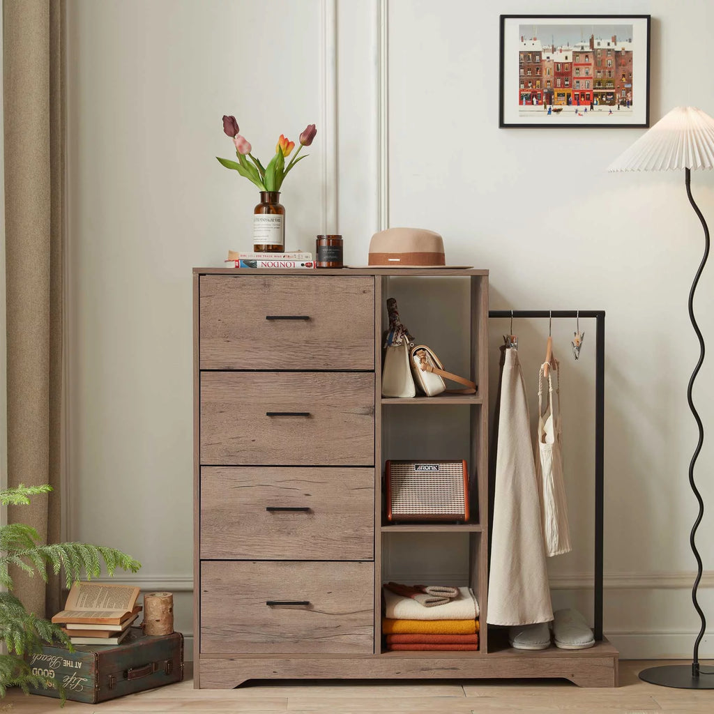 4 Drawer Dresser with Clothes Rack and Shelves E4847