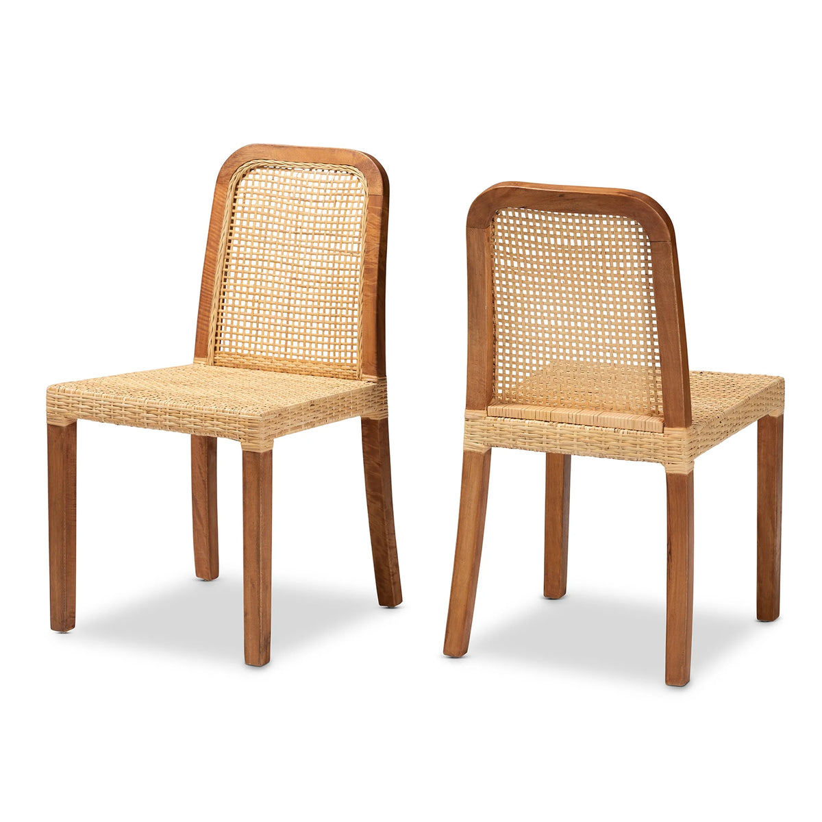 Walnut Brown Wood and Natural Rattan 2-Piece Dining Chair Set T93011