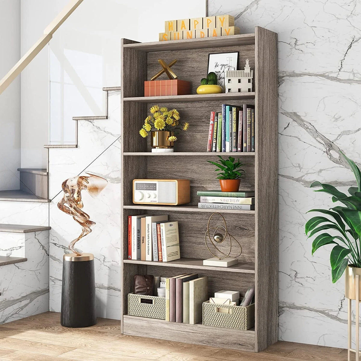 6-Tier Grey Wood Bookcase Z7060