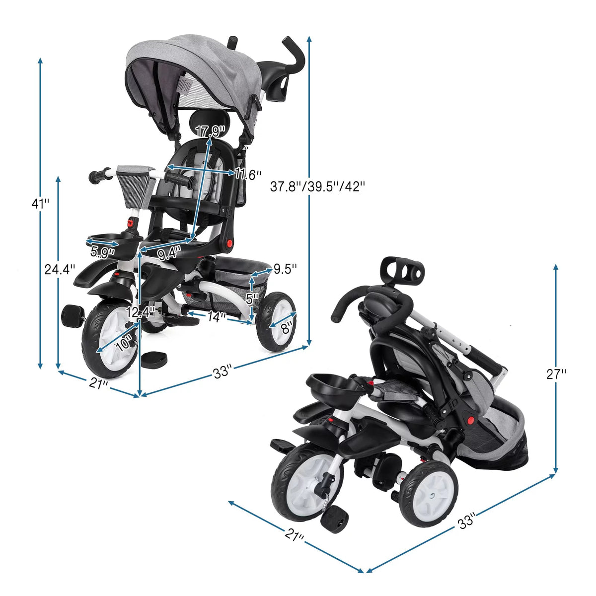 Folding Toddler Tricycle with Adjustable Push Handle, Harness, Canopy and Storage O423