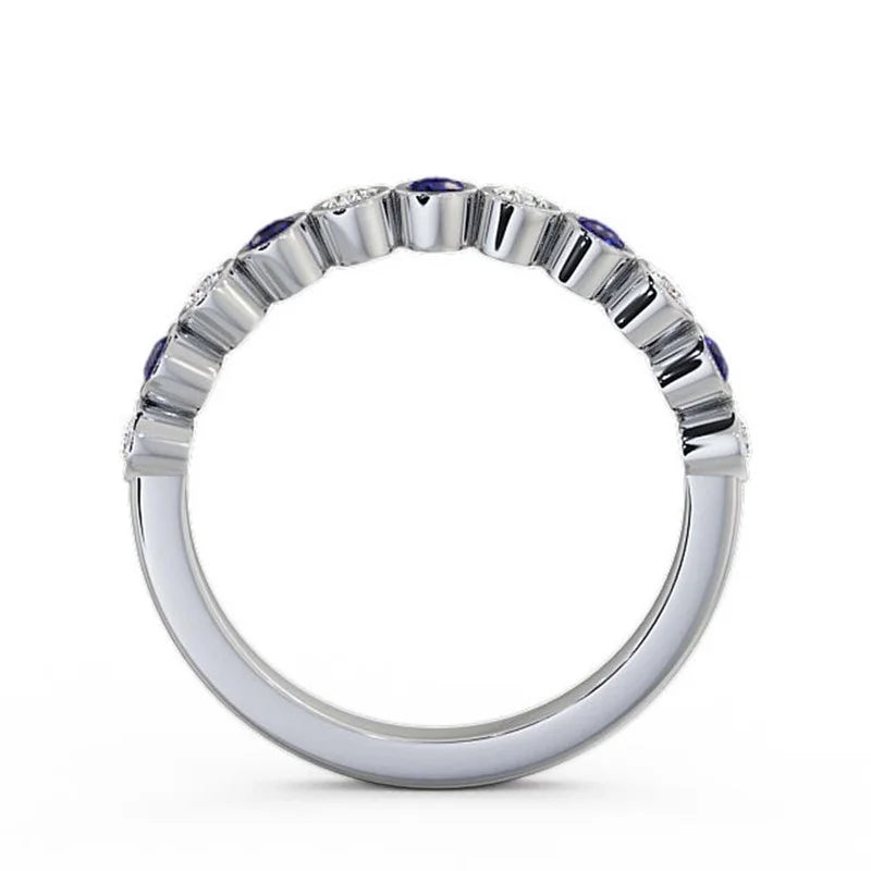 14K White Gold Eternity Band with Round Cut Diamond and Blue Sapphire A222484