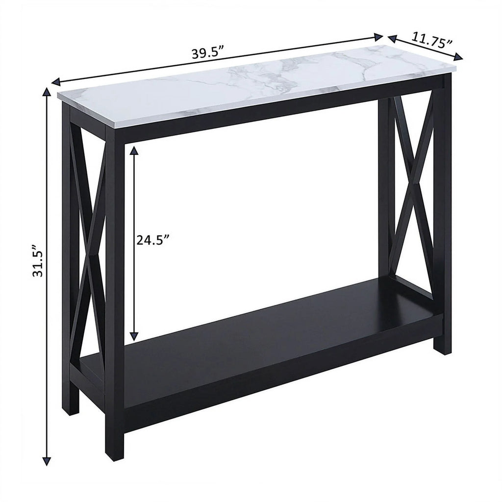 White Faux Marble and Black Wood Console Table with Shelf X409494