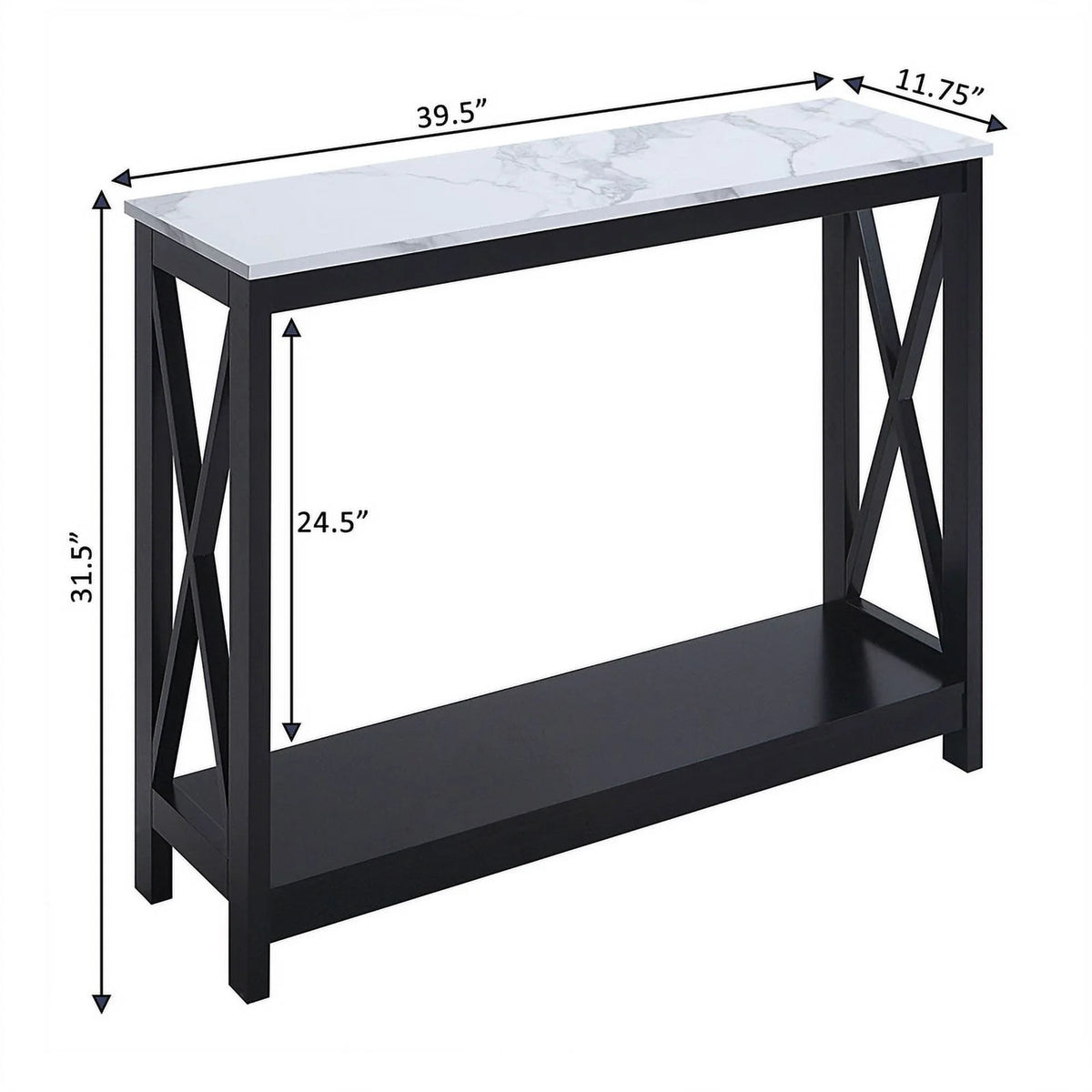 White Faux Marble and Black Wood Console Table with Shelf X409494