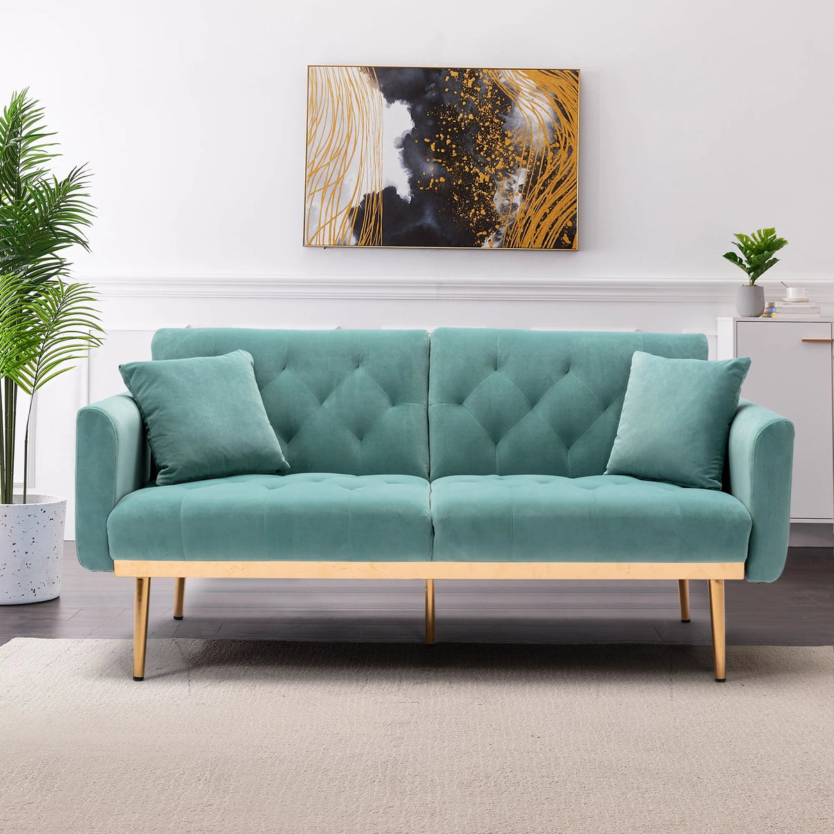 Mint Green Velvet 2-Seater Convertible Sofa Bed Q31751