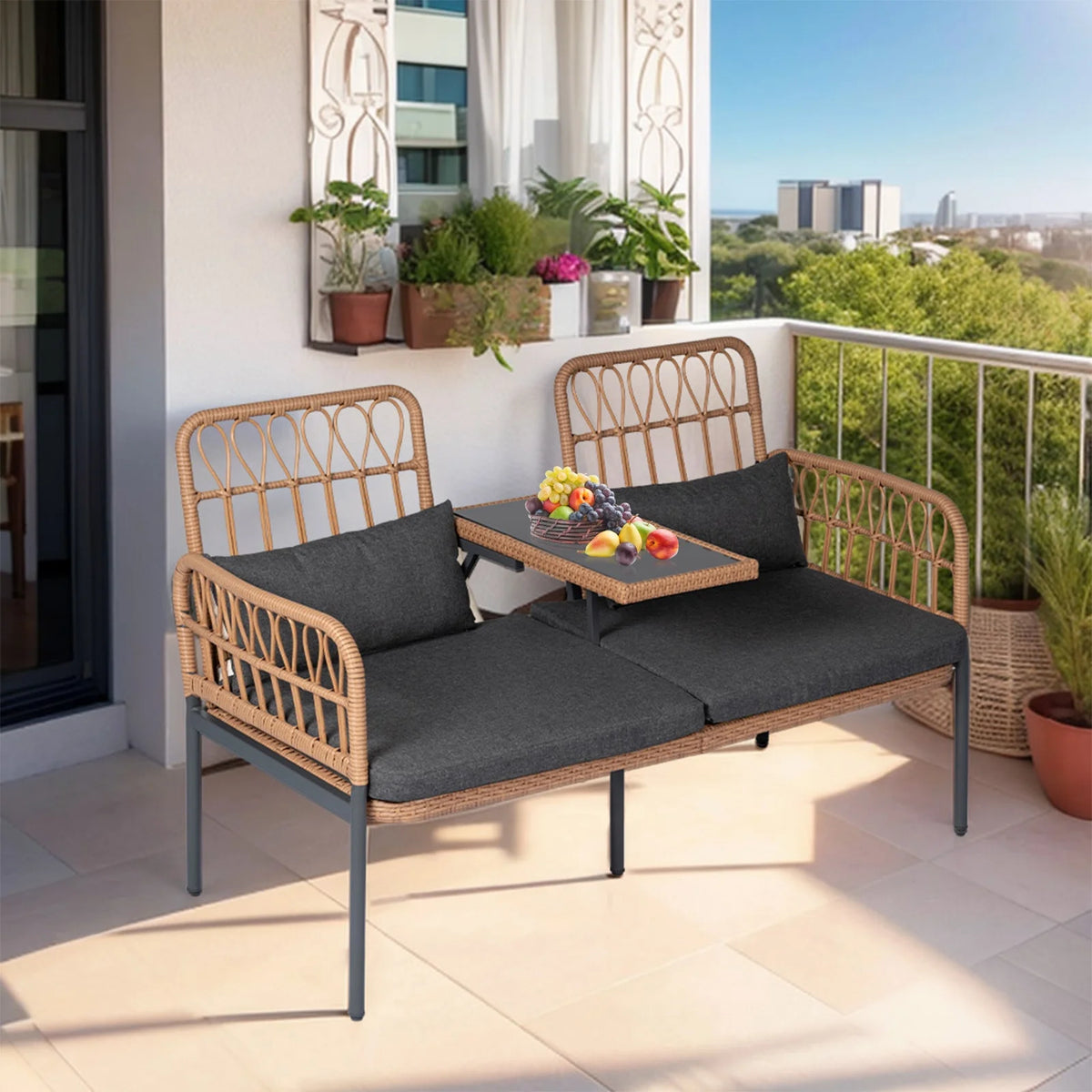 Gray Outdoor Rattan Loveseat with Built-in Coffee Table E46961