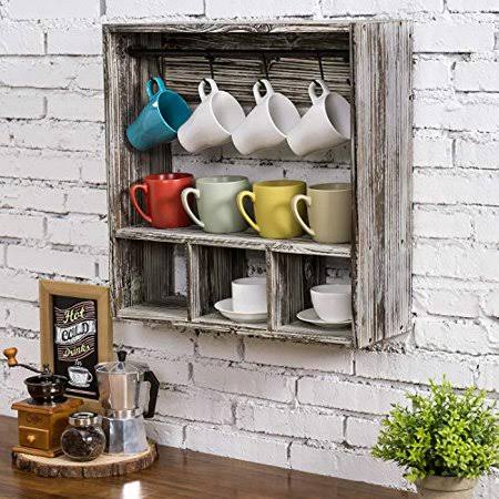 Rustic Torched Wood Wall Mounted Coffee Mug Display Rack H311384