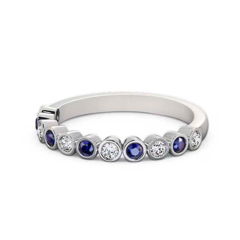 14K White Gold Eternity Band with Round Cut Diamond and Blue Sapphire A222484