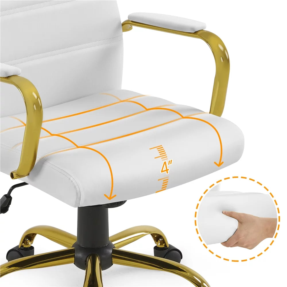 White Mid-Back Swivel PU Leather Office Chair with Gold Frame I286