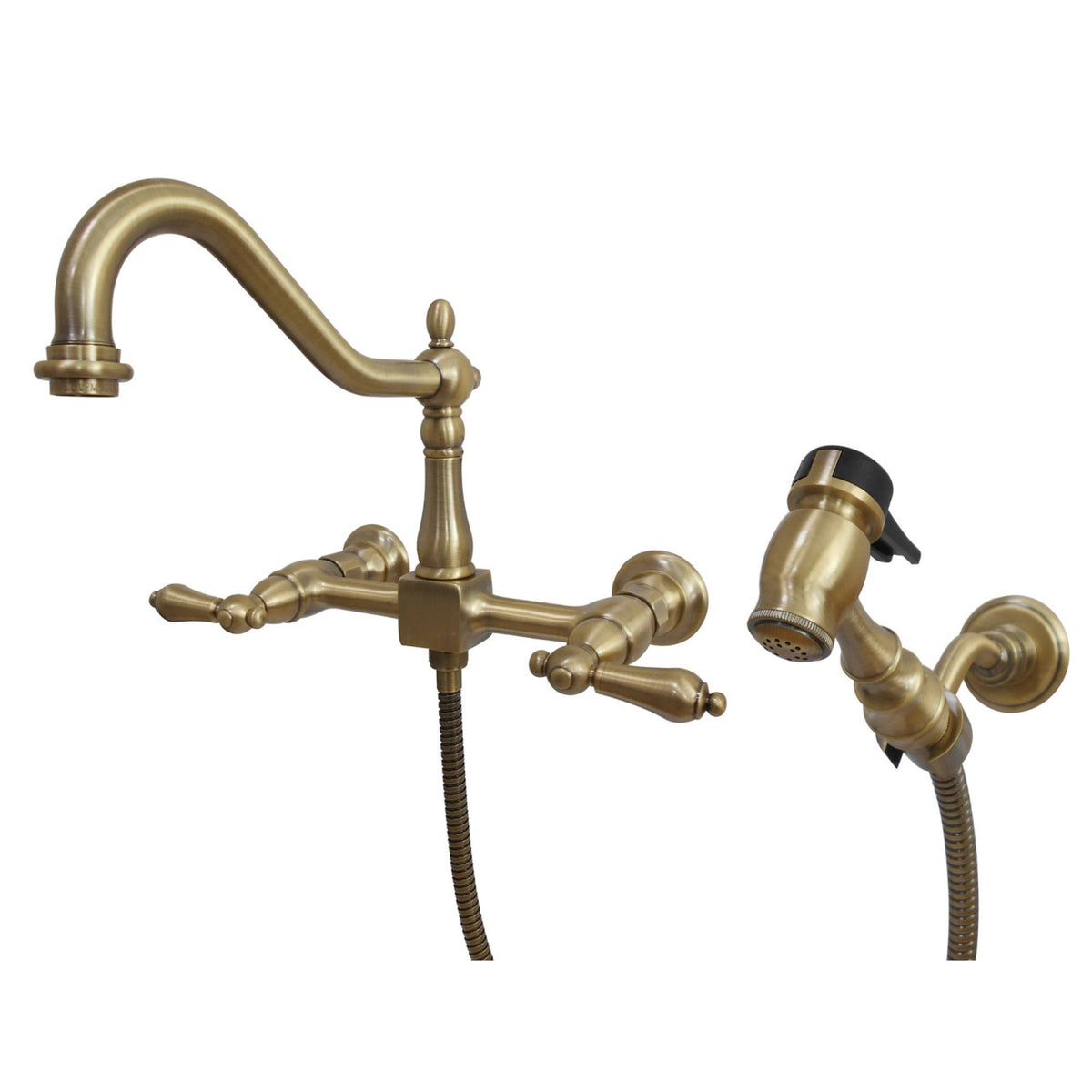 Antique Brass Wall Mount Kitchen Faucet with Brass Sprayer B646