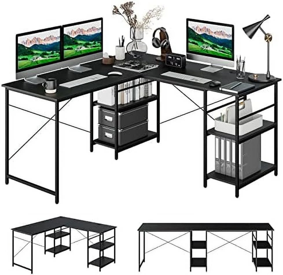 L Shaped Wooden Desk with Shelves V916