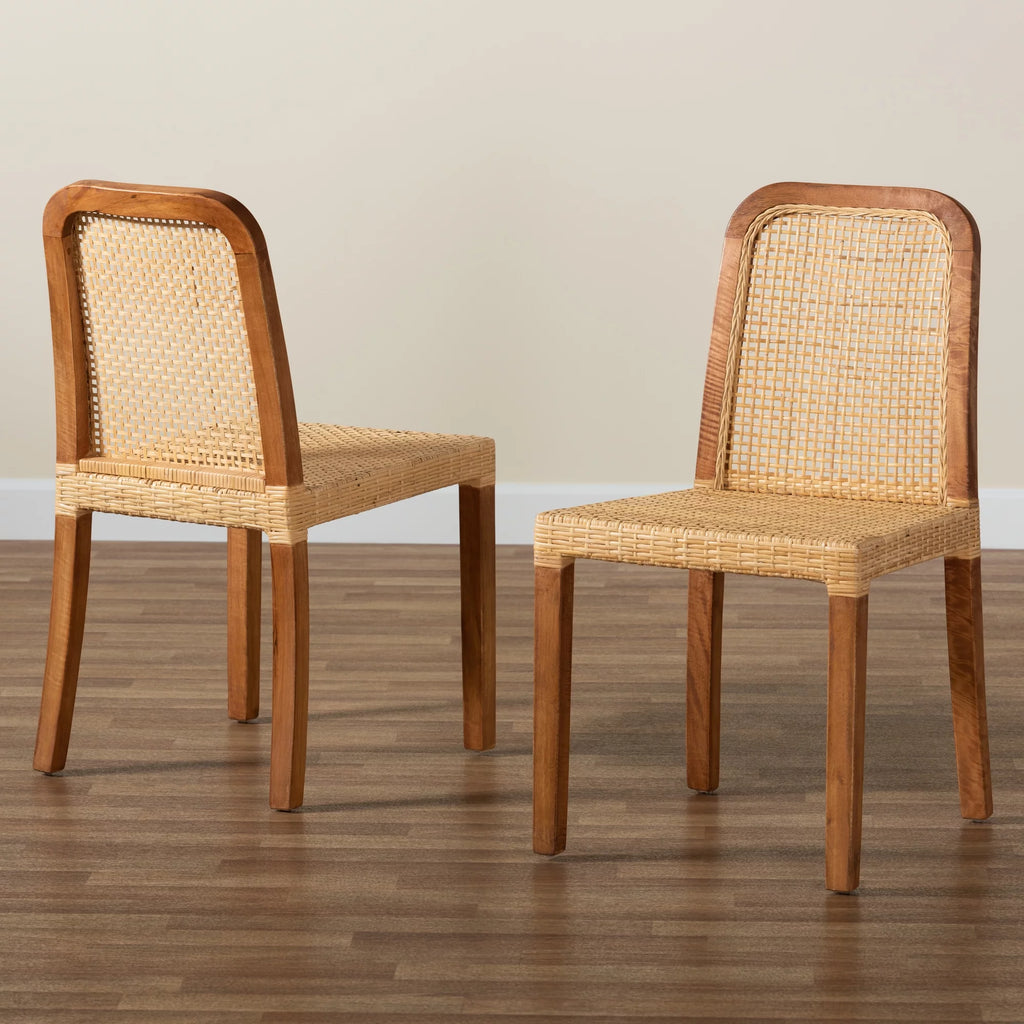 Walnut Brown Wood and Natural Rattan 2-Piece Dining Chair Set T93011