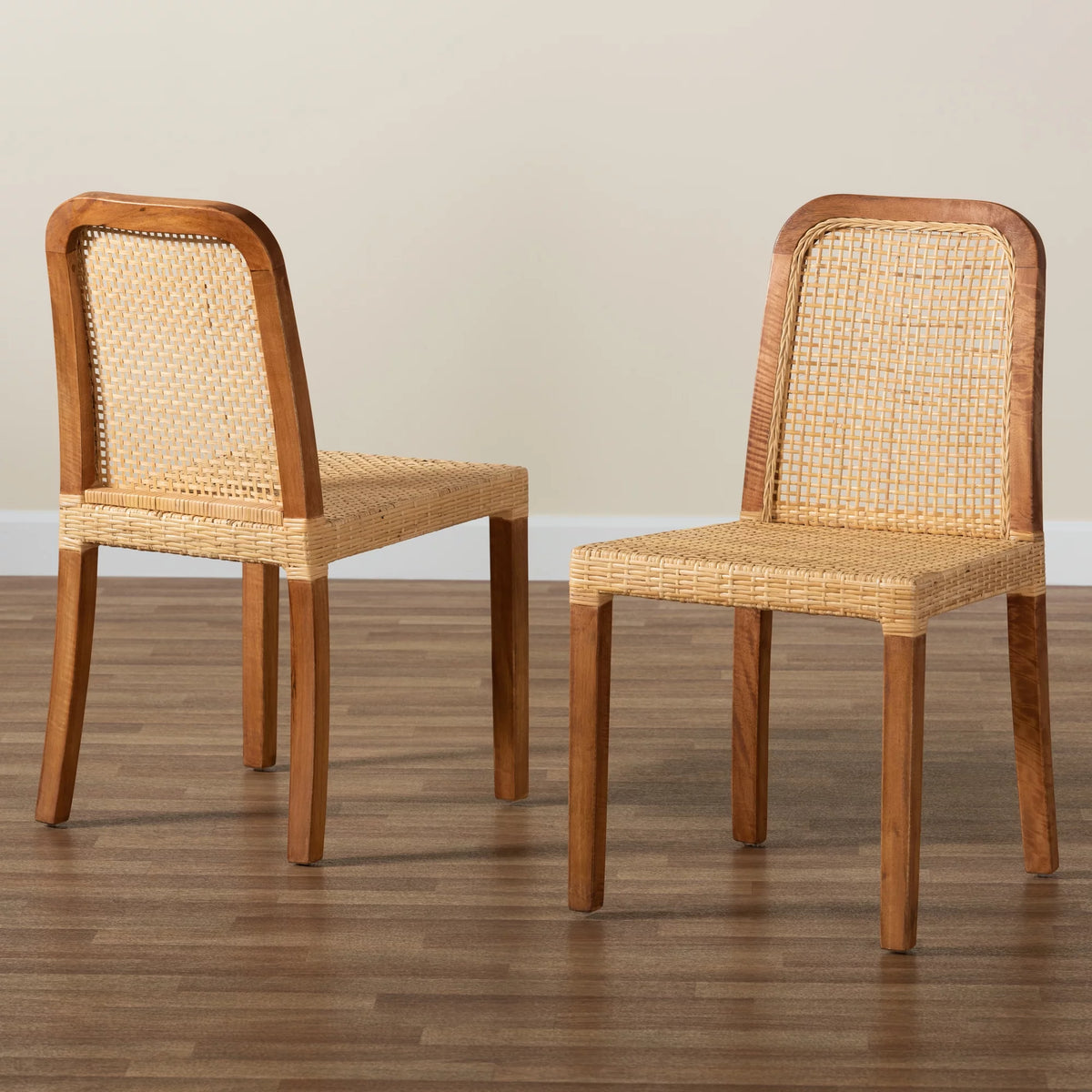 Walnut Brown Wood and Natural Rattan 2-Piece Dining Chair Set T93011