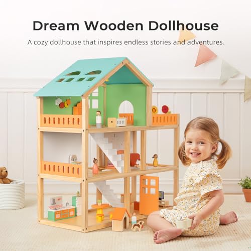 Large Wooden 3-Story Dollhouse with 42 Pcs Furniture J833731