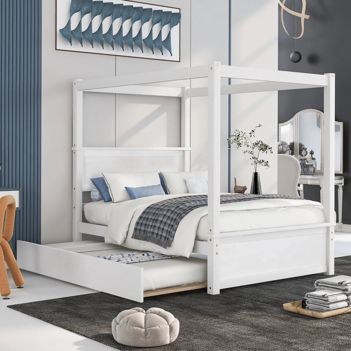 Full Size White Wood Canopy Platform Bed with Trundle Q484