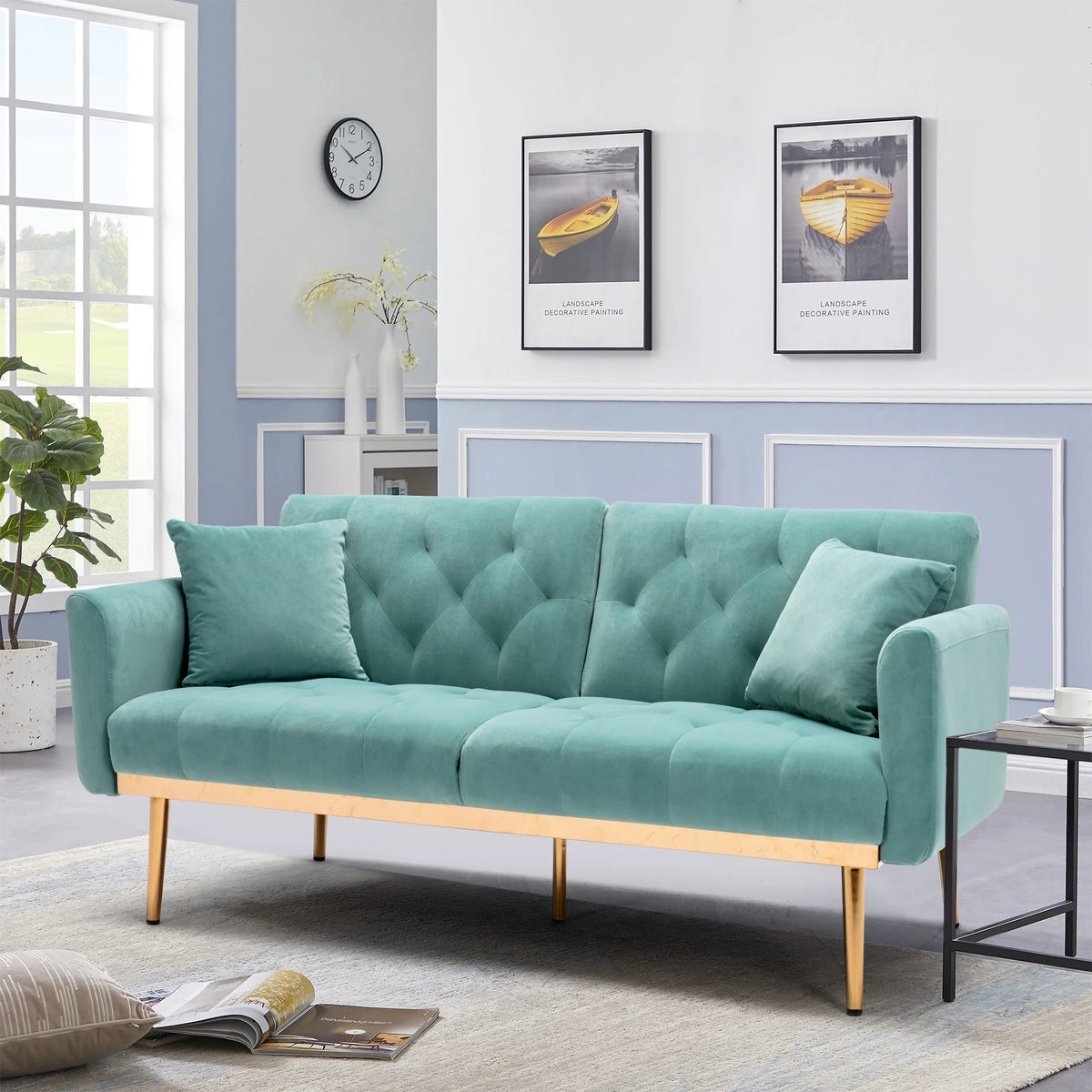 Mint Green Velvet 2-Seater Convertible Sofa Bed Q31751