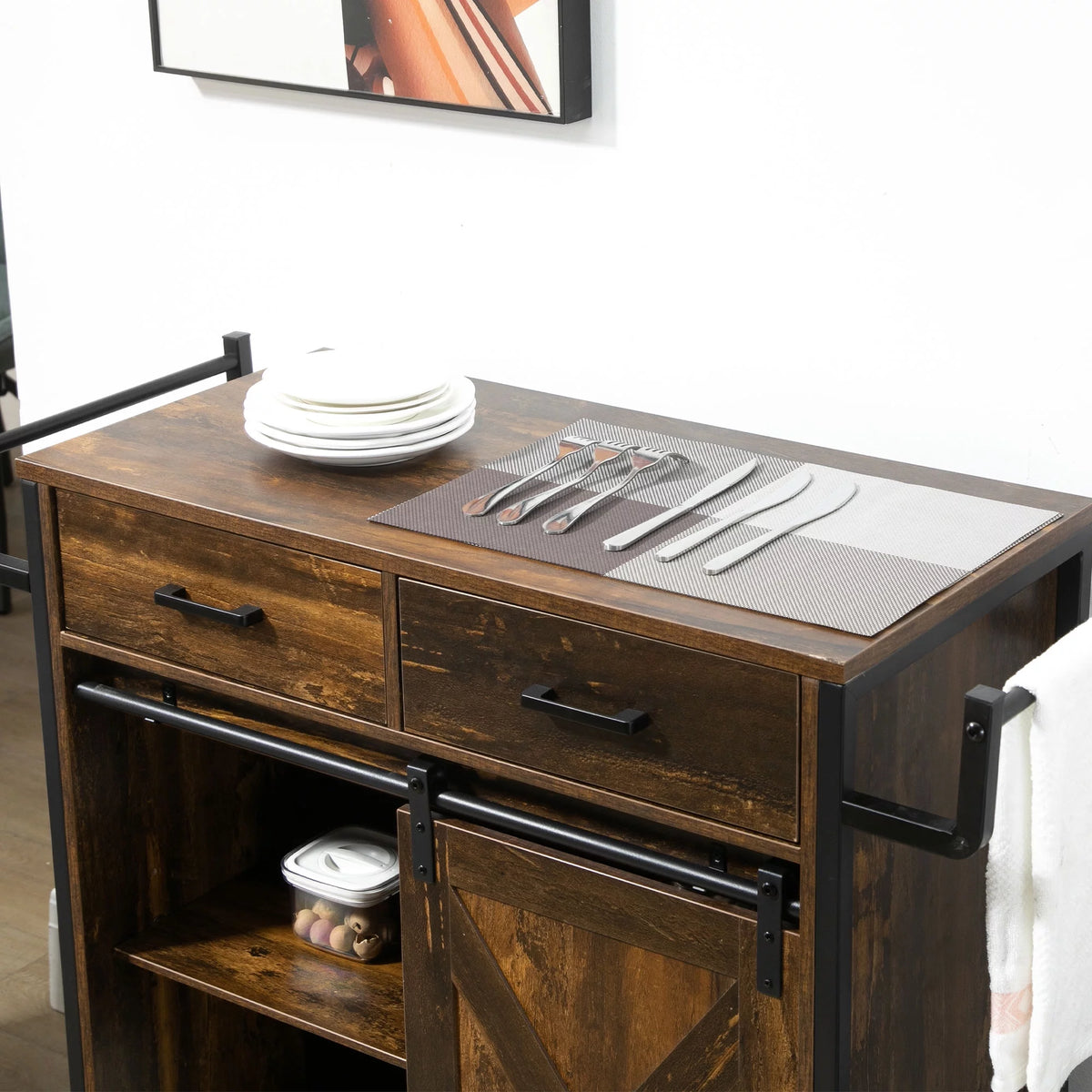 Rolling Kitchen Cart with Adjustable Shelf, Two Drawers and Towel Rack L249