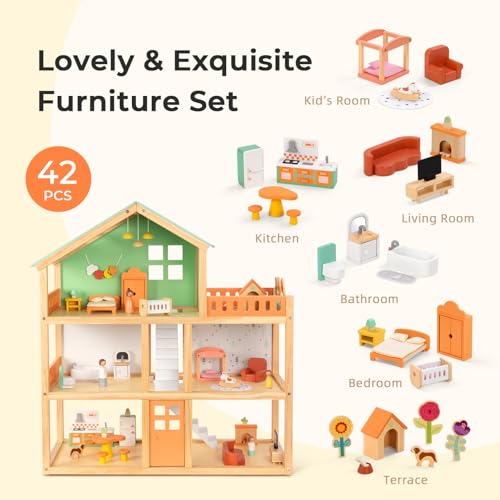 Large Wooden 3-Story Dollhouse with 42 Pcs Furniture J833731