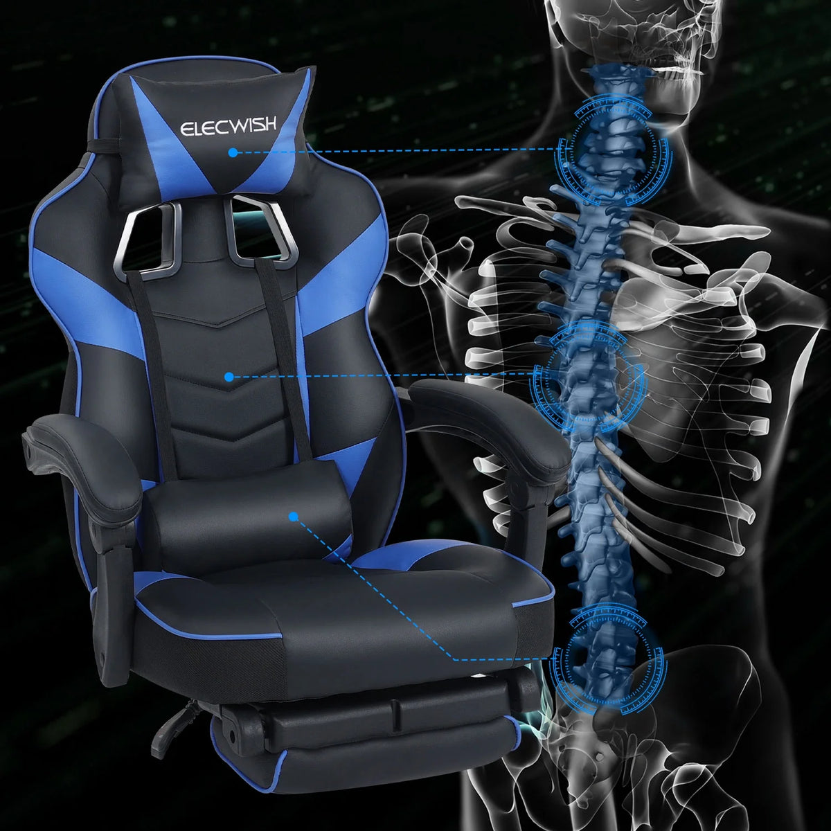 Blue PU Leather Reclining Gaming Chair with Footrest and Massage Lumbar Pillow Y138886