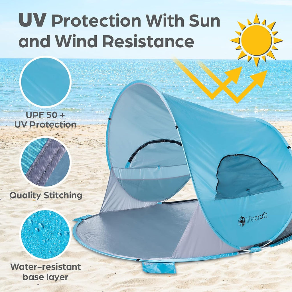 Blue Pop Up Beach Tent 3 4 Person Sun Shelter with UPF 50+ UV Protection W79525